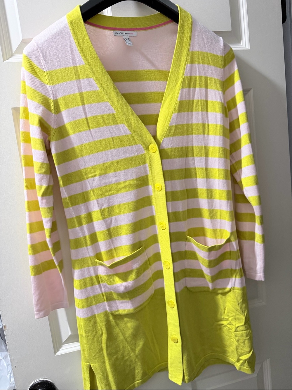 Isaac Mizrahi Pink and Yellow Striped V-Neck Cardigan